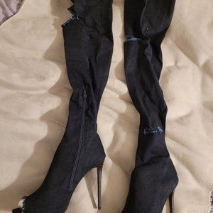 New over the knee denim peep toe boots